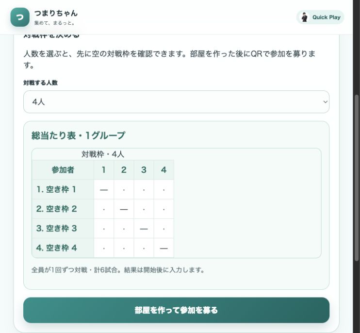 本番の総当たり戦。対戦する人数、空の対戦表、部屋を作って参加を募るボタンがある画面